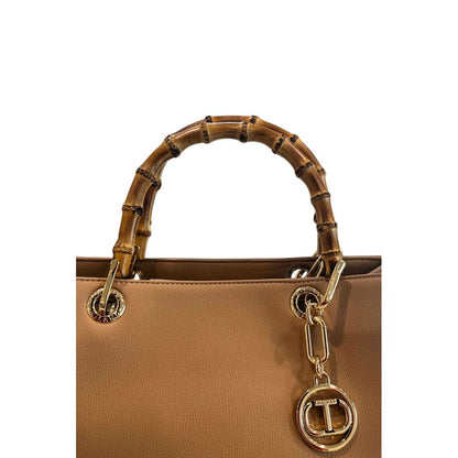 Flap Shoulder Bag by Twinset for women in polyurethane brown & gold features a effortless chic silhouette with a secure flap, magnetic & button, ample built-in-compartments, and versatile shoulder-strap & adjustable-strap for a effortless chic finish.