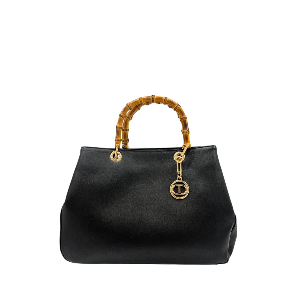 Flap Shoulder Bag by Twinset for women in polyurethane black & gold features an effortlessly chic silhouette with a secure flap, magnetic & button, ample built-in-compartments, and versatile shoulder-strap & adjustable-strap for effortlessly chic everyday luxury.
