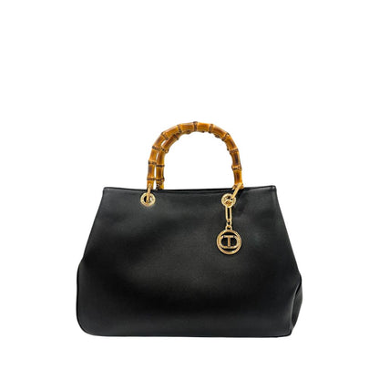 Flap Shoulder Bag by Twinset for women in polyurethane black & gold features an effortlessly chic silhouette with a secure flap, magnetic & button, ample built-in-compartments, and versatile shoulder-strap & adjustable-strap for effortlessly chic everyday luxury.