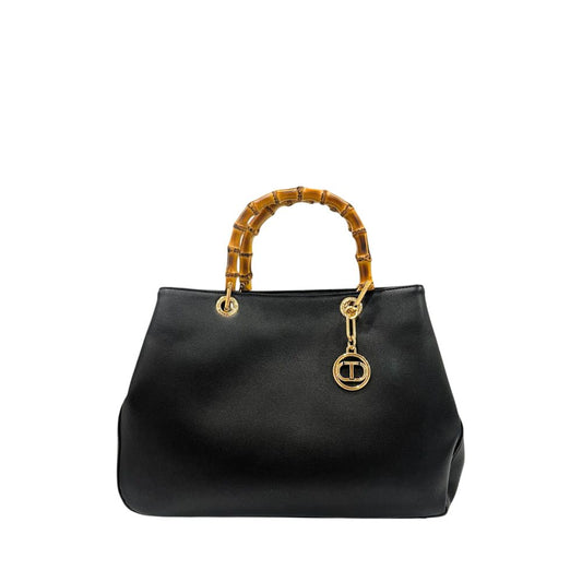 Flap Shoulder Bag by Twinset for women in polyurethane black & gold features an effortlessly chic silhouette with a secure flap, magnetic & button, ample built-in-compartments, and versatile shoulder-strap & adjustable-strap for effortlessly chic everyday luxury.