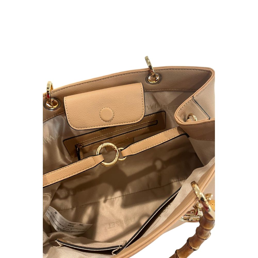 Flap Shoulder Bag by Twinset for women in polyurethane brown & gold features a stately silhouette, showcasing a secure flap, magnetic & button, ample built-in-compartments, and stately shoulder-strap & adjustable-strap for a stately finish.