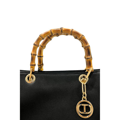Flap Shoulder Bag by Twinset for women in polyurethane black & gold features a effortless sophistication silhouette, secured by a flap, magnetic & button with ample built-in-compartments and versatile shoulder-strap & adjustable-strap for a effortless sophistication finish.