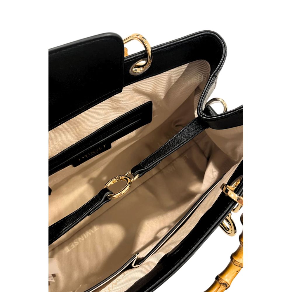Flap Shoulder Bag by Twinset for women in polyurethane black & gold features a effortless chic silhouette with a secure flap, magnetic & button, ample built-in-compartments, and versatile shoulder-strap & adjustable-strap for a effortless chic finish.