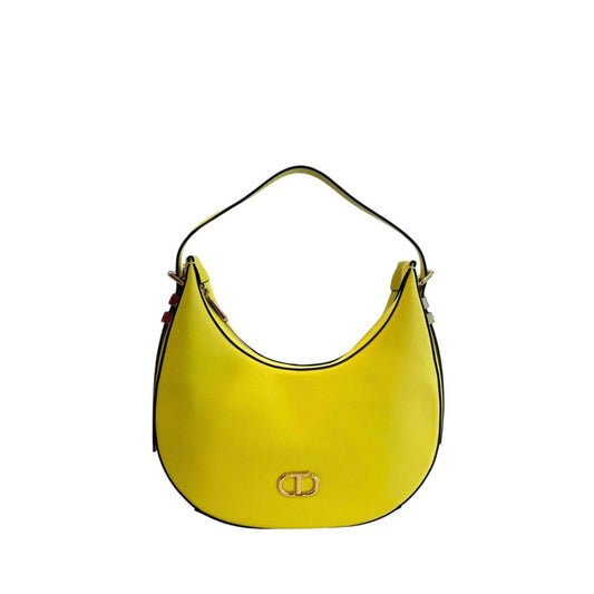 Shoulder Clutch Handbag by Twinset for women in polyethylene bicolour & gold showcases a sculptural silhouette, featuring a secure zipper, ample built-in-compartments, and versatile shoulder-strap & adjustable-strap for a sculptural aesthetic.