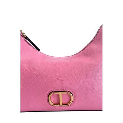 Compact Shoulder Clutch Handbag by Twinset for women in polyurethane gold, multicolor & pink features a sculptural silhouette with a secure zipper, ample built-in-compartments, and versatile shoulder-strap & adjustable-strap for a sculptural finish.