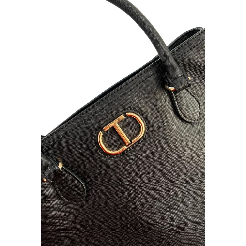 Shoulder Bag by Twinset for women in polyurethane black, gold & yellow showcases a statuesque silhouette, artfully detailed with a secure magnetic & button, organized built-in-compartments, and versatile shoulder-strap & adjustable-strap for a statuesque look.