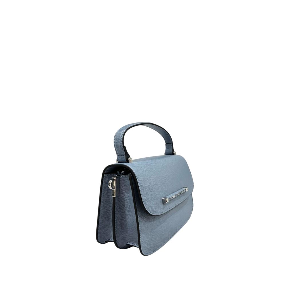 Mini Flap Shoulder Bag by Twinset for women in polyurethane blue & silver features an effortlessly chic silhouette with a secure flap, magnetic & button, ample , and versatile shoulder-strap & adjustable-strap for effortlessly chic everyday luxury.