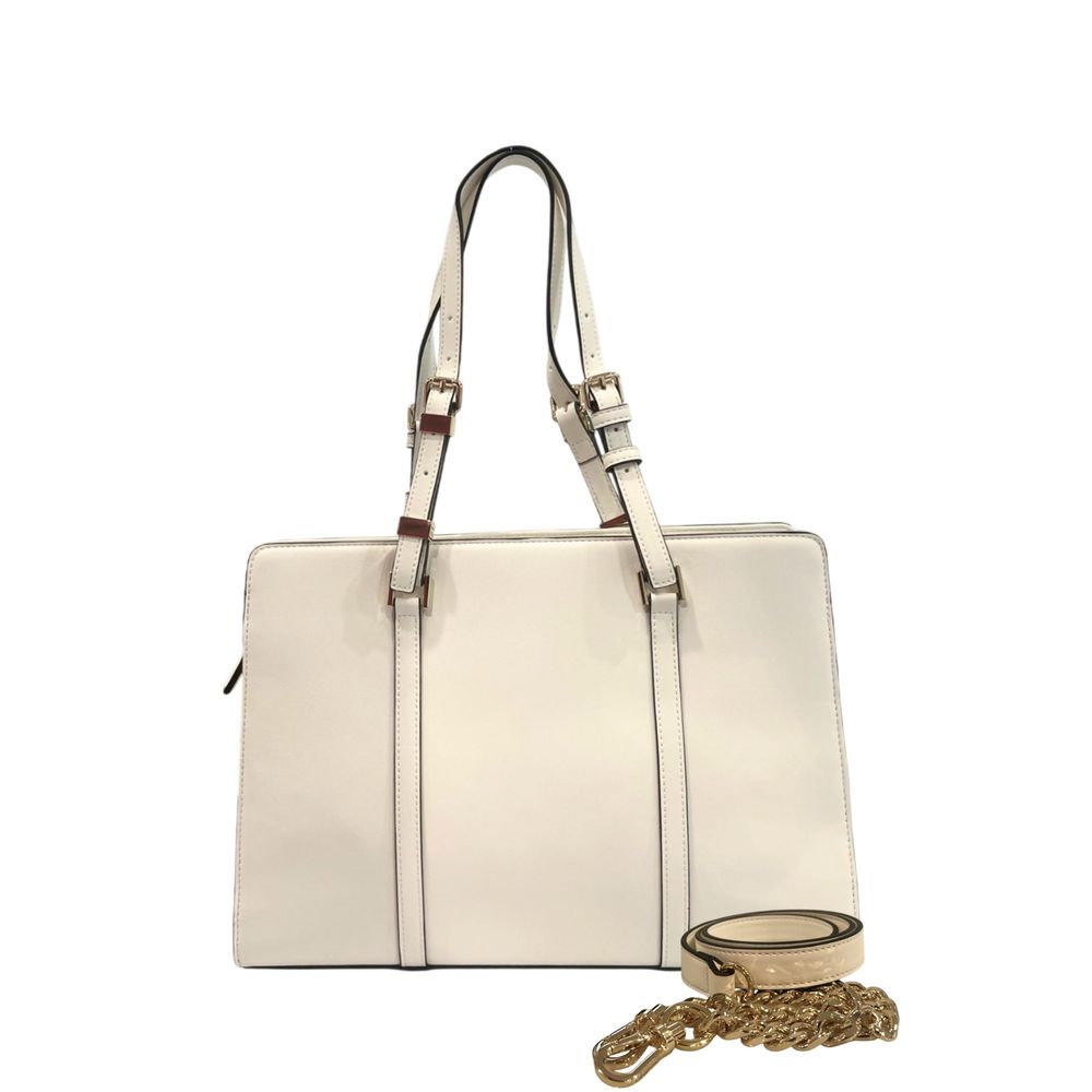 Shoulder Clutch Handbag by Twinset for women in polyurethane gold & white features a sculptural silhouette with a secure zipper, ample built-in-compartments, and versatile shoulder-strap & adjustable-strap for a sculptural finish.