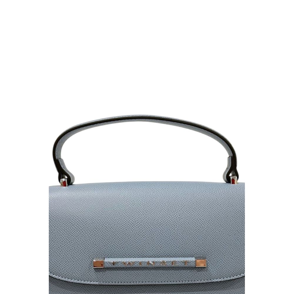 Mini Flap Shoulder Bag by Twinset for women in polyurethane blue & silver features a effortless chic silhouette with a secure flap, magnetic & button, ample , and versatile shoulder-strap & adjustable-strap for a effortless chic finish.