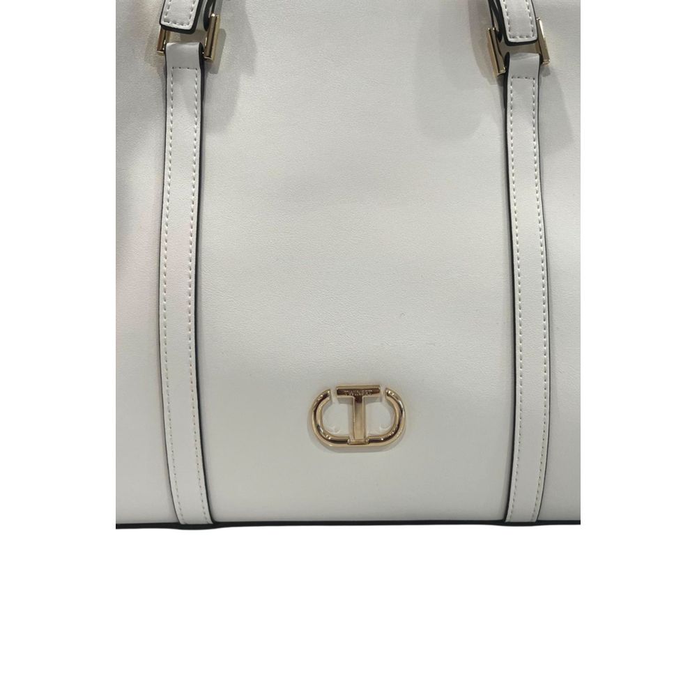 Shoulder Clutch Handbag by Twinset for women in polyurethane gold & white features an sculptural silhouette, showcasing a secure zipper and sculptural built-in-compartments with versatile shoulder-strap & adjustable-strap for a sophisticated look.