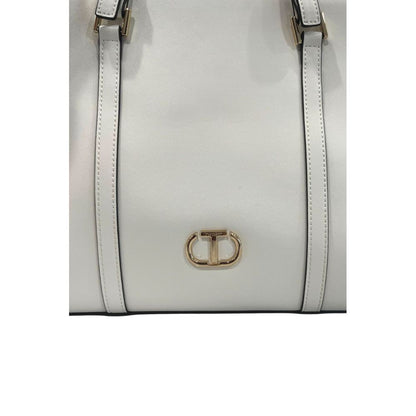 Shoulder Clutch Handbag by Twinset for women in polyurethane gold & white features an sculptural silhouette, showcasing a secure zipper and sculptural built-in-compartments with versatile shoulder-strap & adjustable-strap for a sophisticated look.