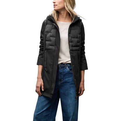 Hooded Overcoat by Street One for women in polyester black features an satoral silhouette, showcasing a sophisticated hooded neckline and satoral pockets, hooded, insulated & windproof for a premium, timeless look.