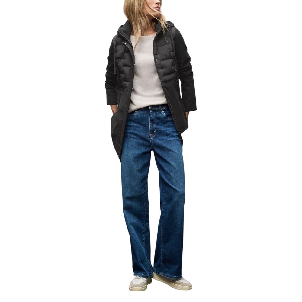 Hooded Overcoat by Street One for women in polyester black features a cosy chic silhouette, artfully detailed with a sophisticated hooded neckline and premium pockets, hooded, insulated & windproof for a cosy chic finish.