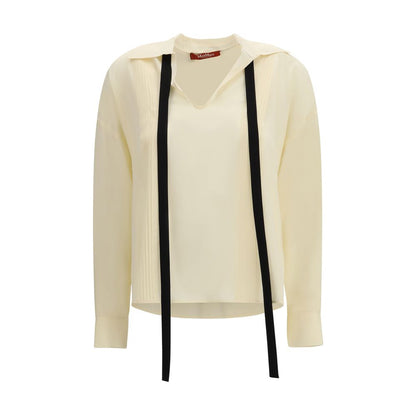 Blouse by Max Mara for women in silk beige & ivory features an architectural silhouette with a refined long-sleeve and elegant shirt-collar neckline for a architectural look.