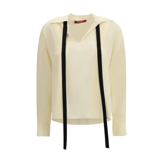 Blouse by Max Mara for women in silk beige & ivory features an architectural silhouette with a refined long-sleeve and elegant shirt-collar neckline for a architectural look.