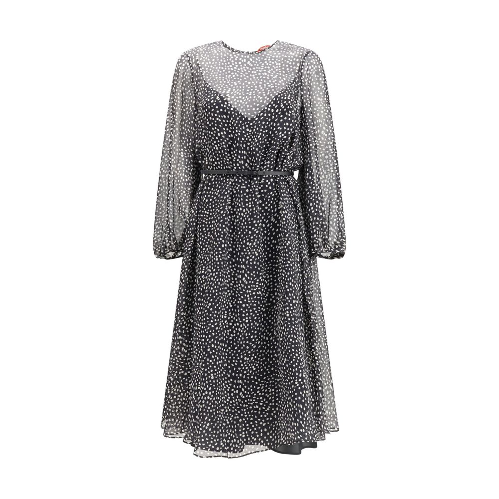 Dress by Max Mara for women in acetate nylon leather & silk black, patterned & print features an eye catching silhouette with a sophisticated crew neckline, elegant long-sleeve, and a refined midi for a eye catching aesthetic.
