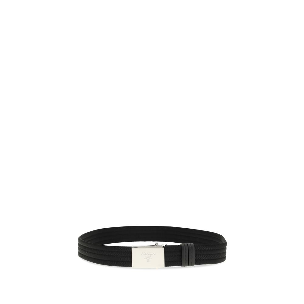Belt by Prada for men in polyester & nylon black & striped features a versatile silhouette, artfully showcasing the versatile design of the Polyester & Nylon Belt for a sophisticated, premium finish.