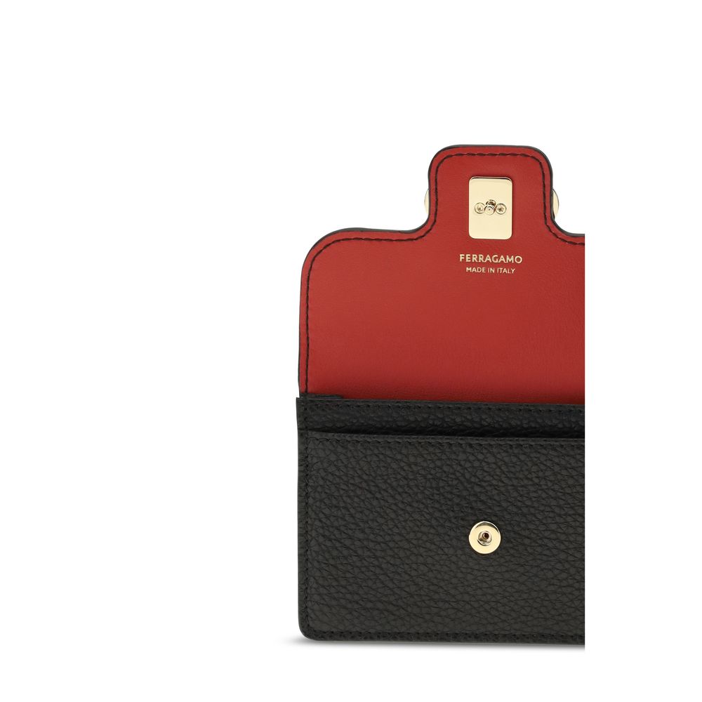 Cardholder Wallet by Ferragamo for women in bos taurus calfskin leather black presents a streamlined silhouette, showcasing the sophisticated design of the Gancini Bos Taurus Calfskin Leather Cardholder Wallet collection with functional card-organization.