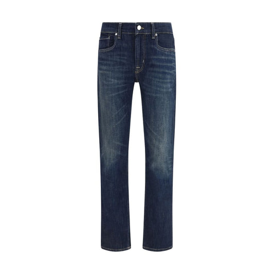 Jeans by 7FOR for men in stretch denim cotton black presents a tailored silhouette, showcasing a tailored flared & regular-fit and long cut with a refined for a truly tailored aesthetic.