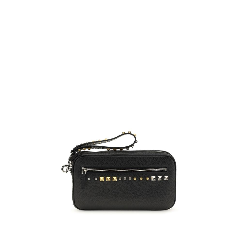 Clutch Handbag by Valentino Garavani for men in bos taurus calf leather black & signature showcases a sculptural silhouette, featuring a secure zipper, ample built-in-compartments & cardholder, and versatile handle for a sculptural aesthetic.