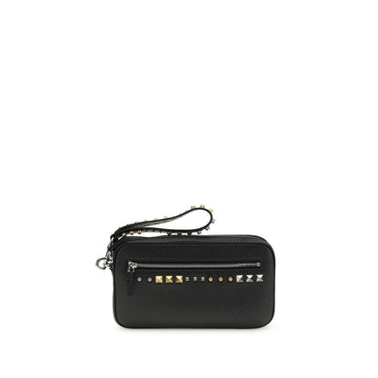 Clutch Handbag by Valentino Garavani for men in bos taurus calf leather black & signature showcases a sculptural silhouette, featuring a secure zipper, ample built-in-compartments & cardholder, and versatile handle for a sculptural aesthetic.