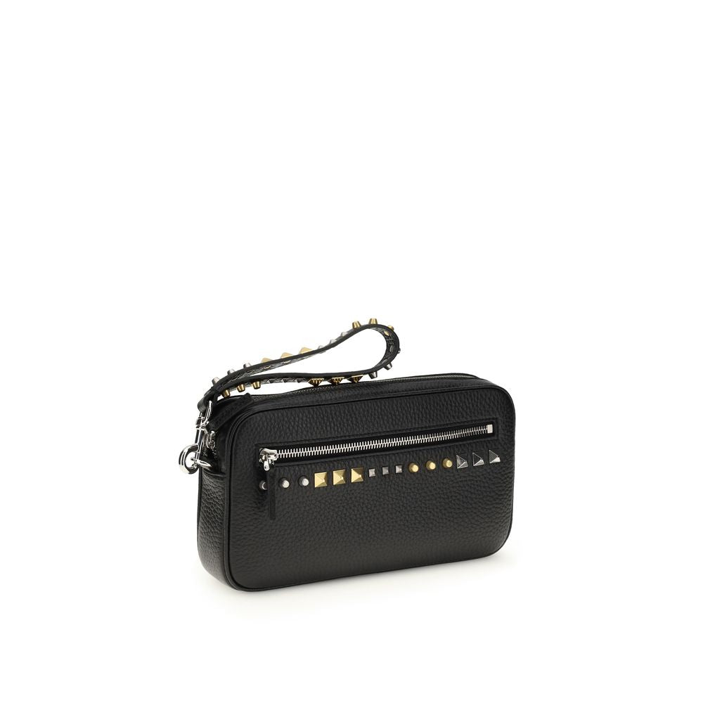 Clutch Handbag by Valentino Garavani for men in bos taurus calf leather black & signature features an sculptural silhouette, showcasing a secure zipper and sculptural built-in-compartments & cardholder with versatile handle for a sophisticated look.