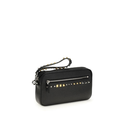 Clutch Handbag by Valentino Garavani for men in bos taurus calf leather black & signature features an sculptural silhouette, showcasing a secure zipper and sculptural built-in-compartments & cardholder with versatile handle for a sophisticated look.
