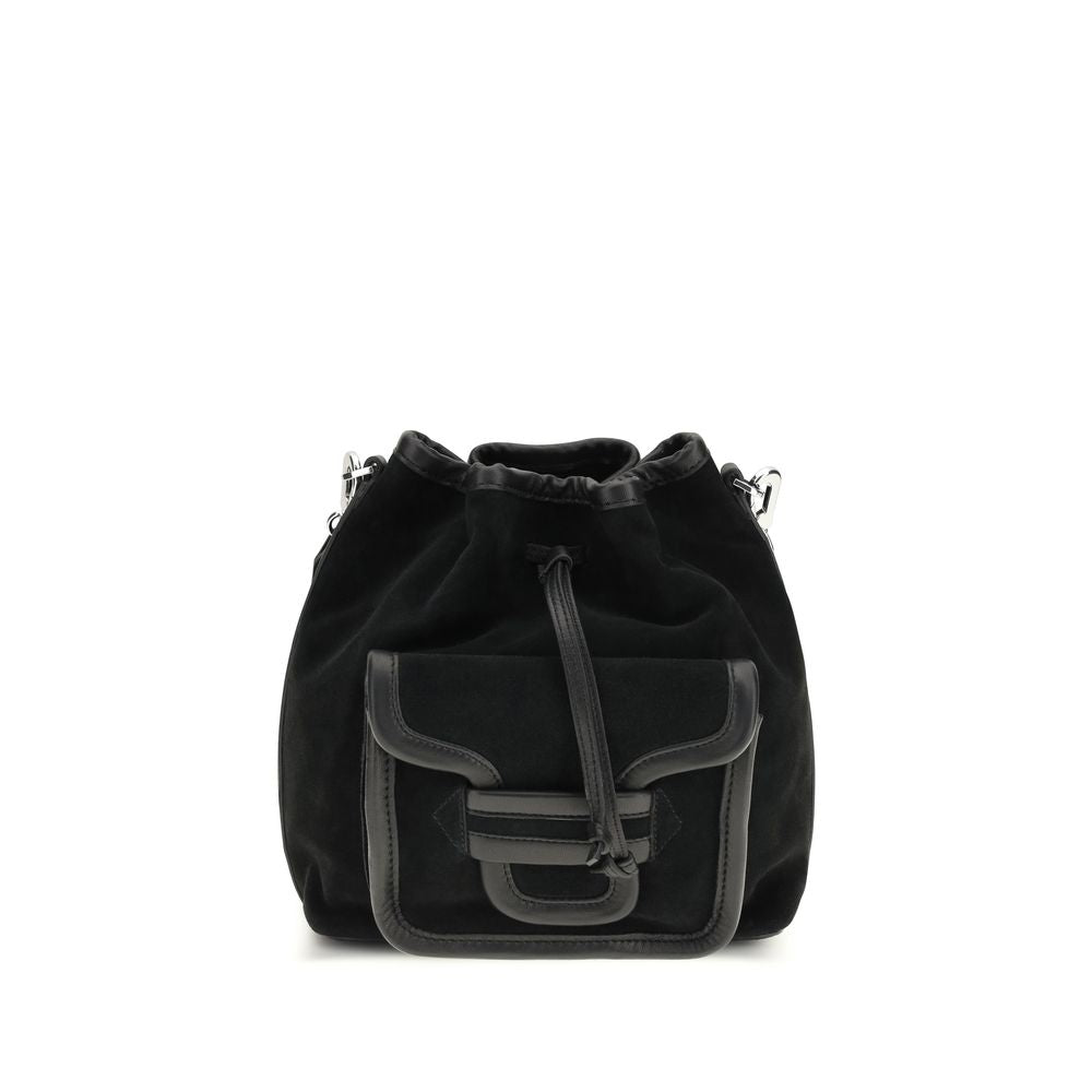 Bucket Handbag by Pierre Hardy for women in bos taurus suede calfskin leather black features a effortlessly chic silhouette, showcasing a secure flap & drawstring with ample and versatile shoulder-strap & adjustable-strap for a effortlessly chic finish.