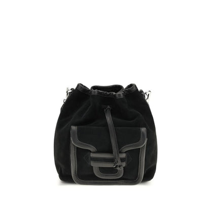 Bucket Handbag by Pierre Hardy for women in bos taurus suede calfskin leather black features a effortlessly chic silhouette, showcasing a secure flap & drawstring with ample and versatile shoulder-strap & adjustable-strap for a effortlessly chic finish.