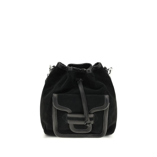 Bucket Handbag by Pierre Hardy for women in bos taurus suede calfskin leather black features a effortlessly chic silhouette, showcasing a secure flap & drawstring with ample and versatile shoulder-strap & adjustable-strap for a effortlessly chic finish.