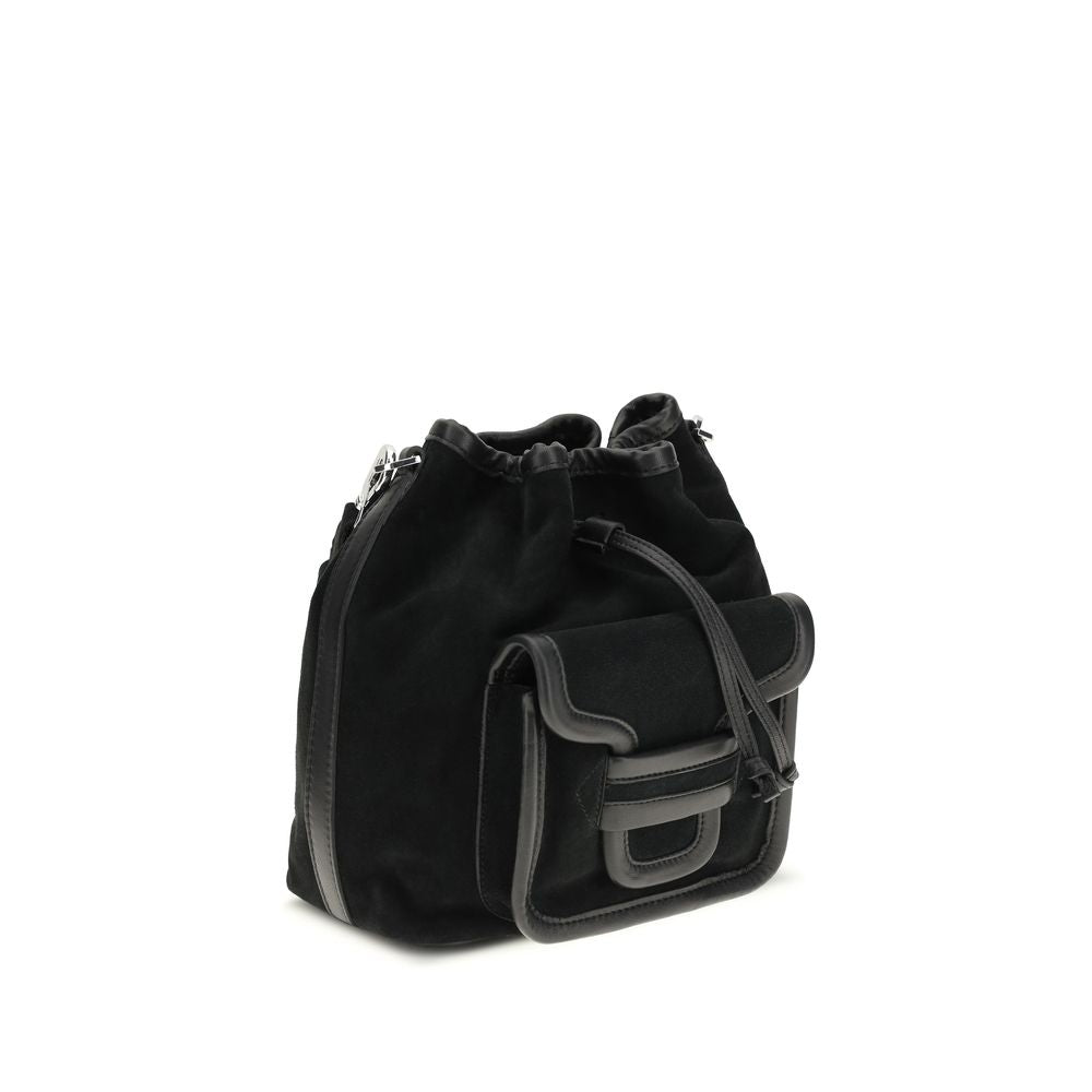 This Bucket Handbag by Pierre Hardy for women in bos taurus suede calfskin leather black presents a effortlessly chic silhouette, featuring a secure flap & drawstring, ample , and versatile shoulder-strap & adjustable-strap for a effortlessly chic finish.