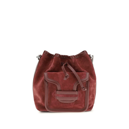 Bucket Handbag by Pierre Hardy for women in bos taurus suede calfskin leather bordeaux features a effortlessly chic silhouette, showcasing a secure flap & drawstring, ample , and versatile shoulder-strap & adjustable-strap for a effortlessly chic look.