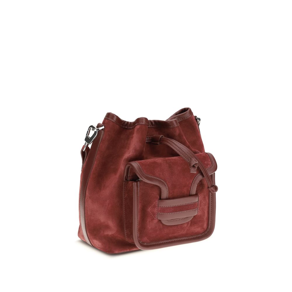 Bucket Handbag by Pierre Hardy for women in bos taurus suede calfskin leather bordeaux features an effortlessly chic silhouette, showcasing a secure flap & drawstring, effortlessly chic , and versatile shoulder-strap & adjustable-strap.