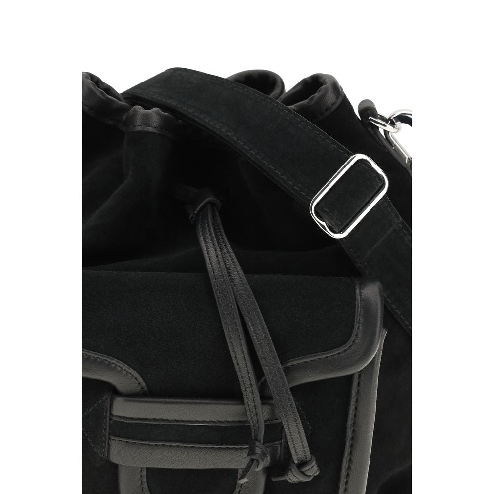 Bucket Handbag by Pierre Hardy for women in bos taurus suede calfskin leather black features a effortlessly chic silhouette, showcasing a secure flap & drawstring with ample and versatile shoulder-strap & adjustable-strap for a effortlessly chic finish.