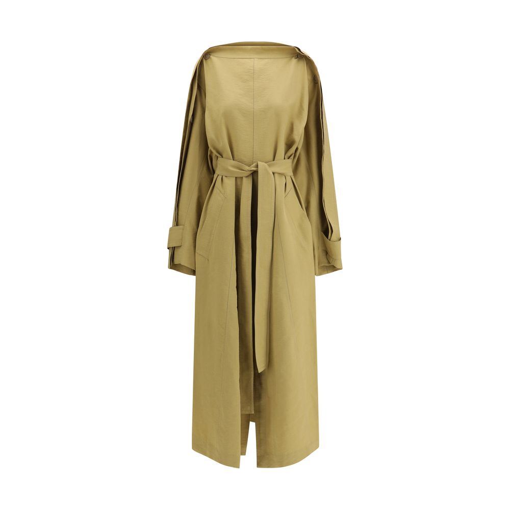 Trench Coat by Petar Petrov for women in polyester & lyocell and beige presents a exquisite silhouette, showcasing a exquisite boat neckline and functional pockets for an elevated aesthetic.