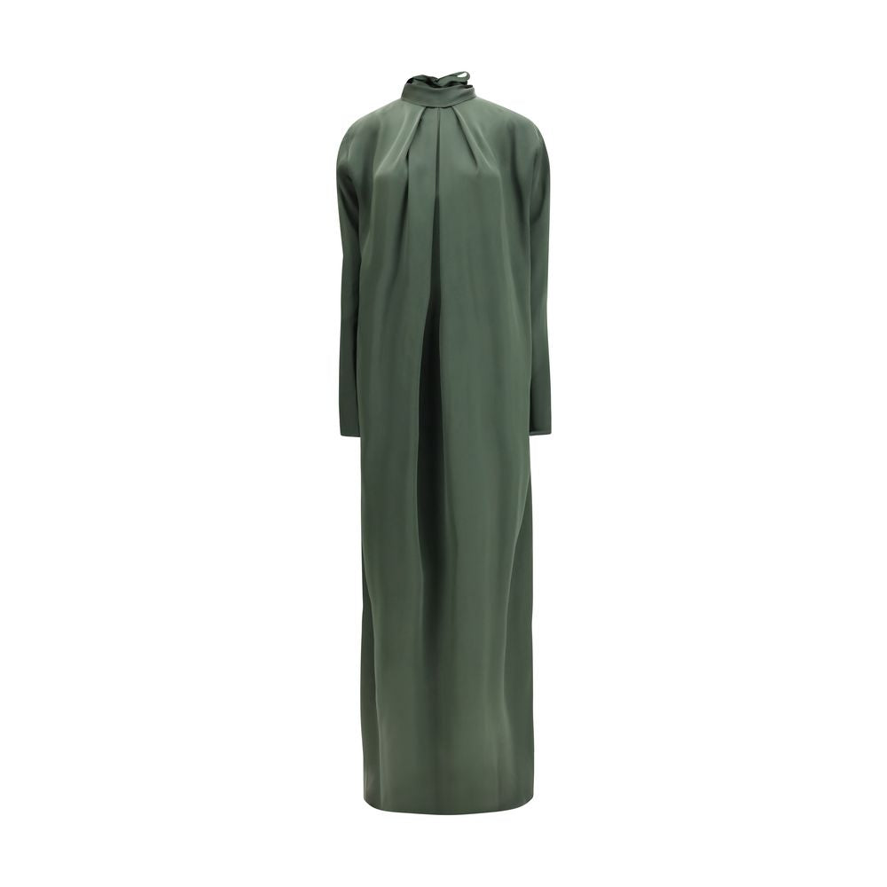 Dress by Petar Petrov for women in silk satin bicolour & green presents a sinuous silhouette, showcasing a sophisticated mandarin neckline and long-sleeve detailed with a sinuous long for a refined finish.