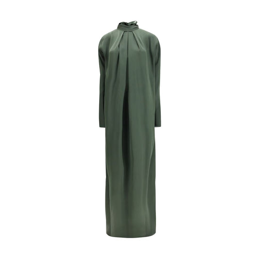 Dress by Petar Petrov for women in silk satin bicolour & green presents a sinuous silhouette, showcasing a sophisticated mandarin neckline and long-sleeve detailed with a sinuous long for a refined finish.