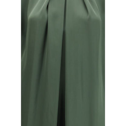 Dress by Petar Petrov for women in silk satin bicolour & green features a dramatic silhouette, showcasing an elegant mandarin neckline and that flows into a dramatic long.