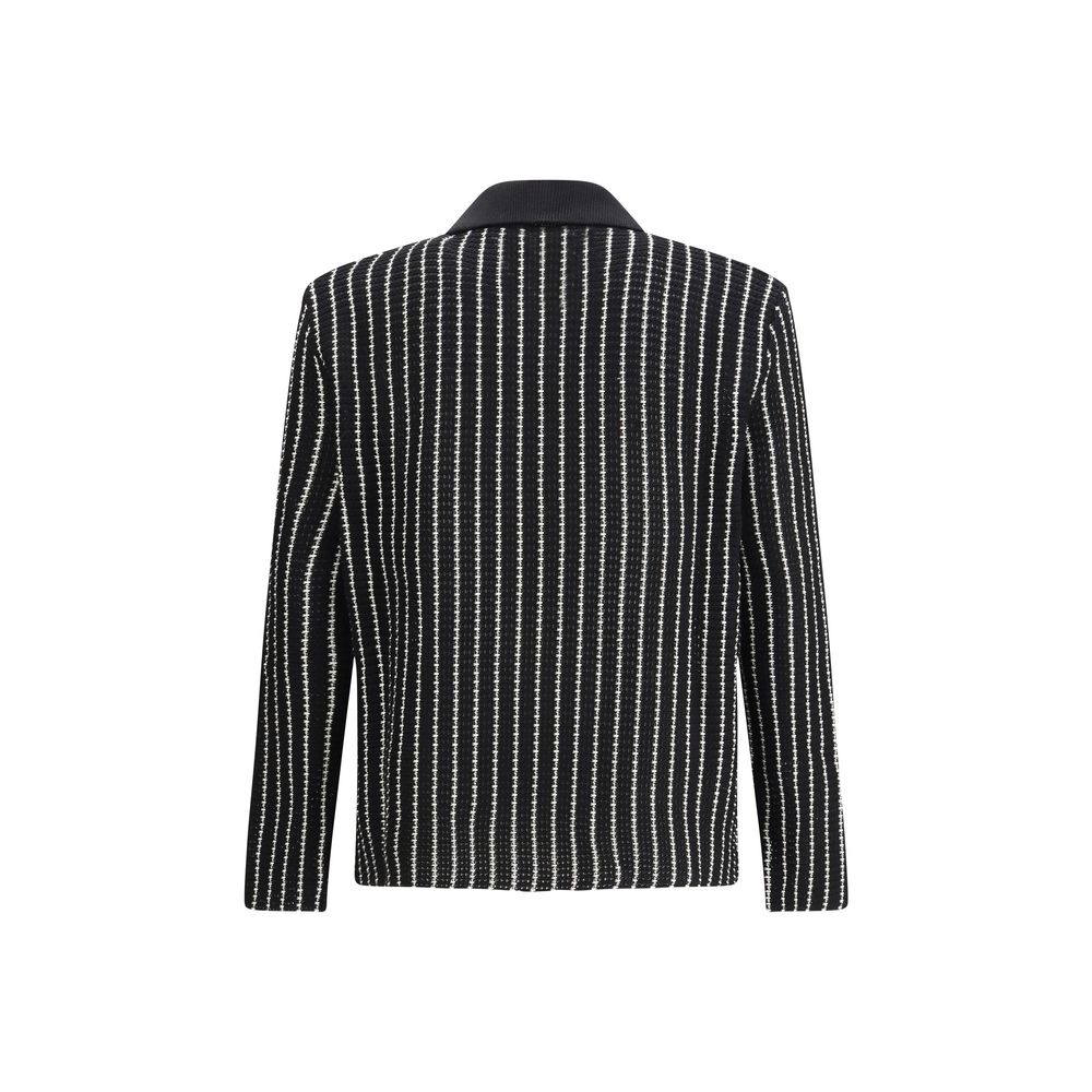 Cardigan by Jil Sander for men in cotton black & striped features a dramatic silhouette, showcasing a sophisticated and dramatic detail for a timeless, premium look.