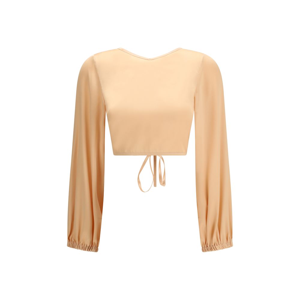 Blouse by Kristina Ti for women in silk polyamide & cotton orange, featuring a nuanced long-sleeve and nuanced v-neck halter neckline for a sophisticated finish.