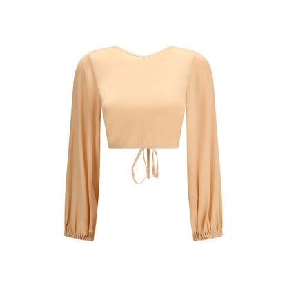Blouse by Kristina Ti for women in silk polyamide & cotton orange, featuring a nuanced long-sleeve and nuanced v-neck halter neckline for a sophisticated finish.