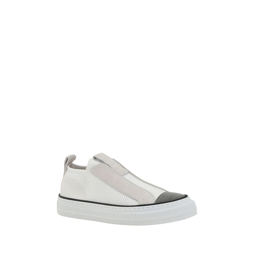Sneakers by Brunello Cucinelli for women in nylon suede leather white & monogram presents a sumptuous silhouette, artfully capturing the essence of the Women's Low Top Nylon Suede Leather Sneakers with its sumptuous low-top style design.