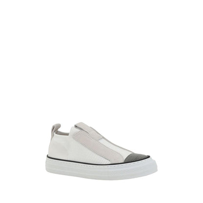 Sneakers by Brunello Cucinelli for women in nylon suede leather white & monogram presents a sumptuous silhouette, artfully capturing the essence of the Women's Low Top Nylon Suede Leather Sneakers with its sumptuous low-top style design.