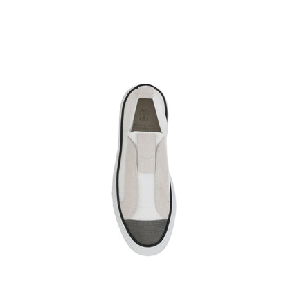 Sneakers by Brunello Cucinelli for women in nylon suede leather white & monogram features an timeless silhouette from the Women's Low Top Nylon Suede Leather Sneakers collection, showcasing a signature low-top style with an timeless finish.