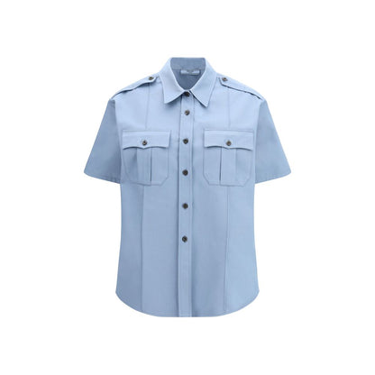 Shirt by Prada for women in cotton blue features an architectural silhouette with a refined short-sleeve and elegant for a architectural look.