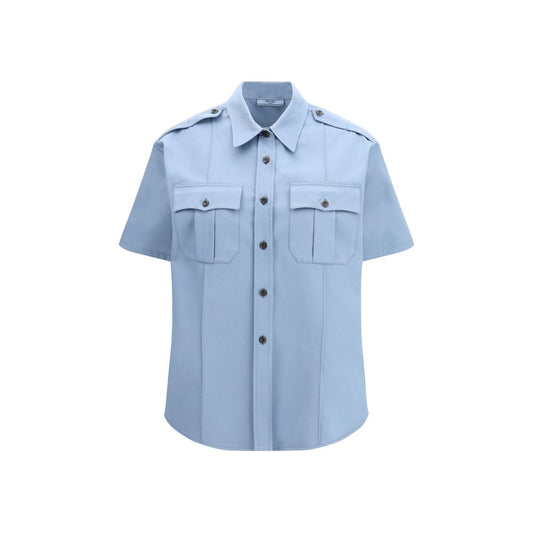 Shirt by Prada for women in cotton blue features an architectural silhouette with a refined short-sleeve and elegant for a architectural look.
