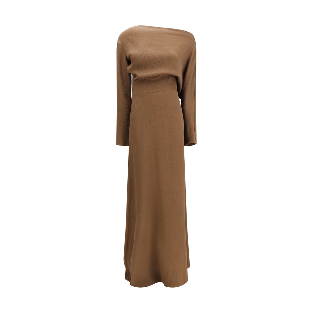 Dress by Petar Petrov for women in silk brown features an magnificent silhouette, artfully detailed with a magnificent asymmetric neckline and long-sleeve that flows into an magnificent long.
