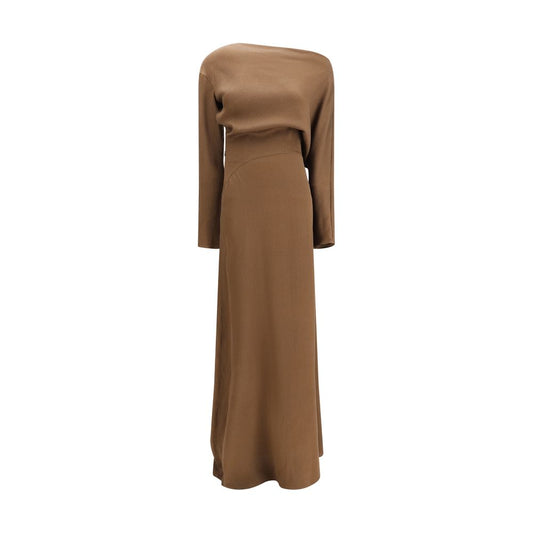 Dress by Petar Petrov for women in silk brown features an magnificent silhouette, artfully detailed with a magnificent asymmetric neckline and long-sleeve that flows into an magnificent long.