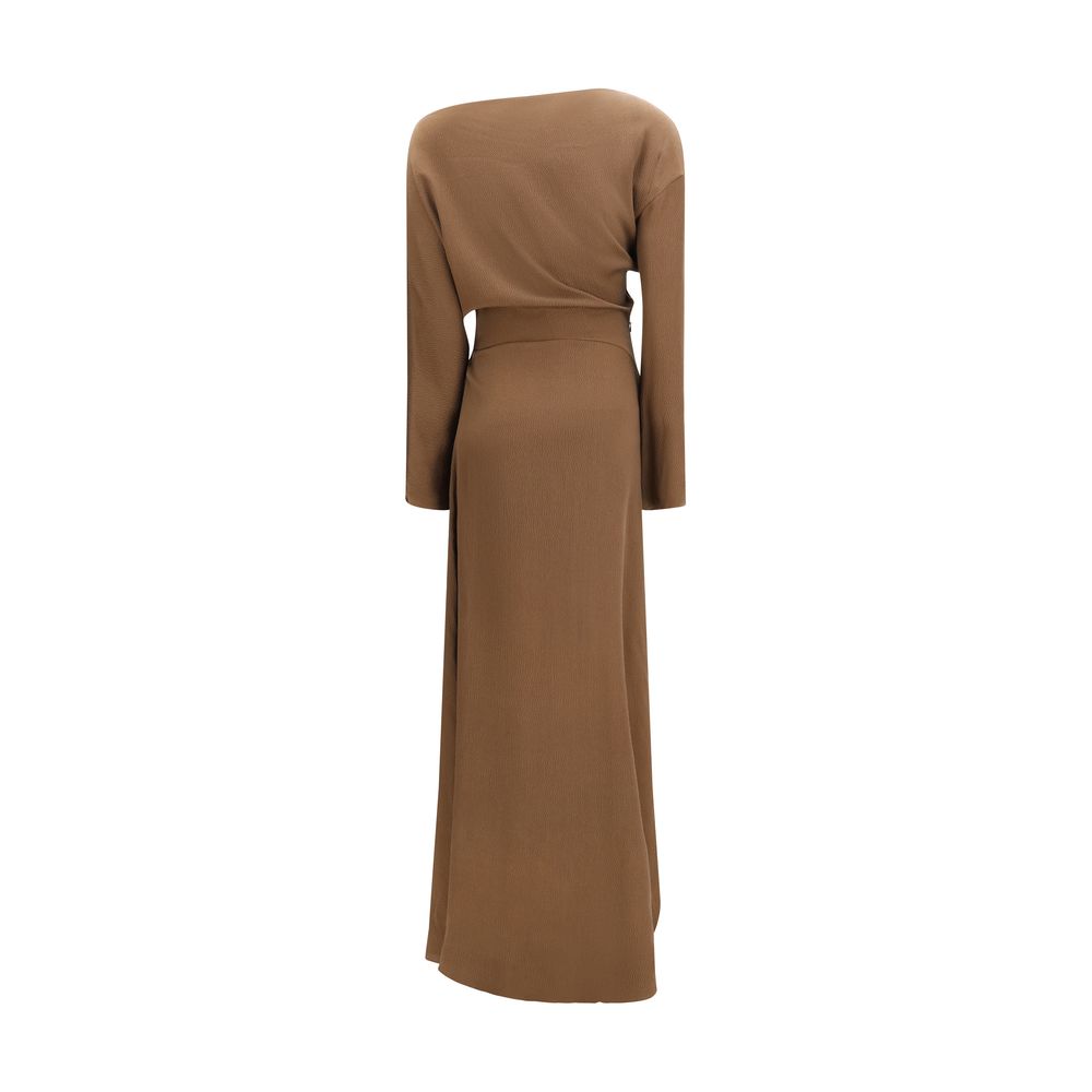Dress by Petar Petrov for women in silk brown showcases a striking silhouette, elegantly detailed with a , refined asymmetric neckline, and a striking long for a striking finish.