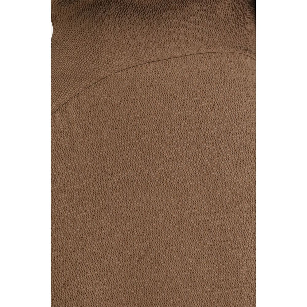 Dress by Petar Petrov for women in silk brown features a dramatic silhouette, showcasing an elegant and that flows into a dramatic long.